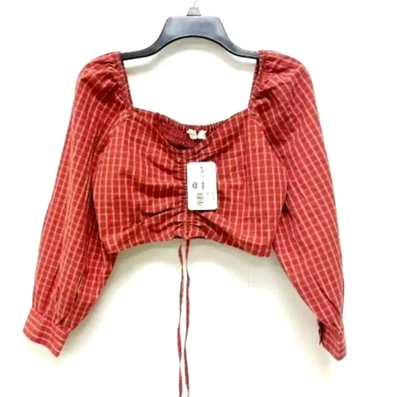 Levi's Red Plaid Puff Long Sleeve Smocked Cotton Devin Blouse - Picture 1 of 10